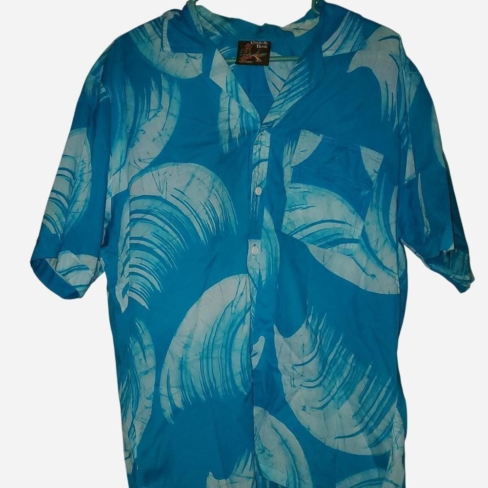 Vintage Caribelle Batik blue & white banana leaf print button-up